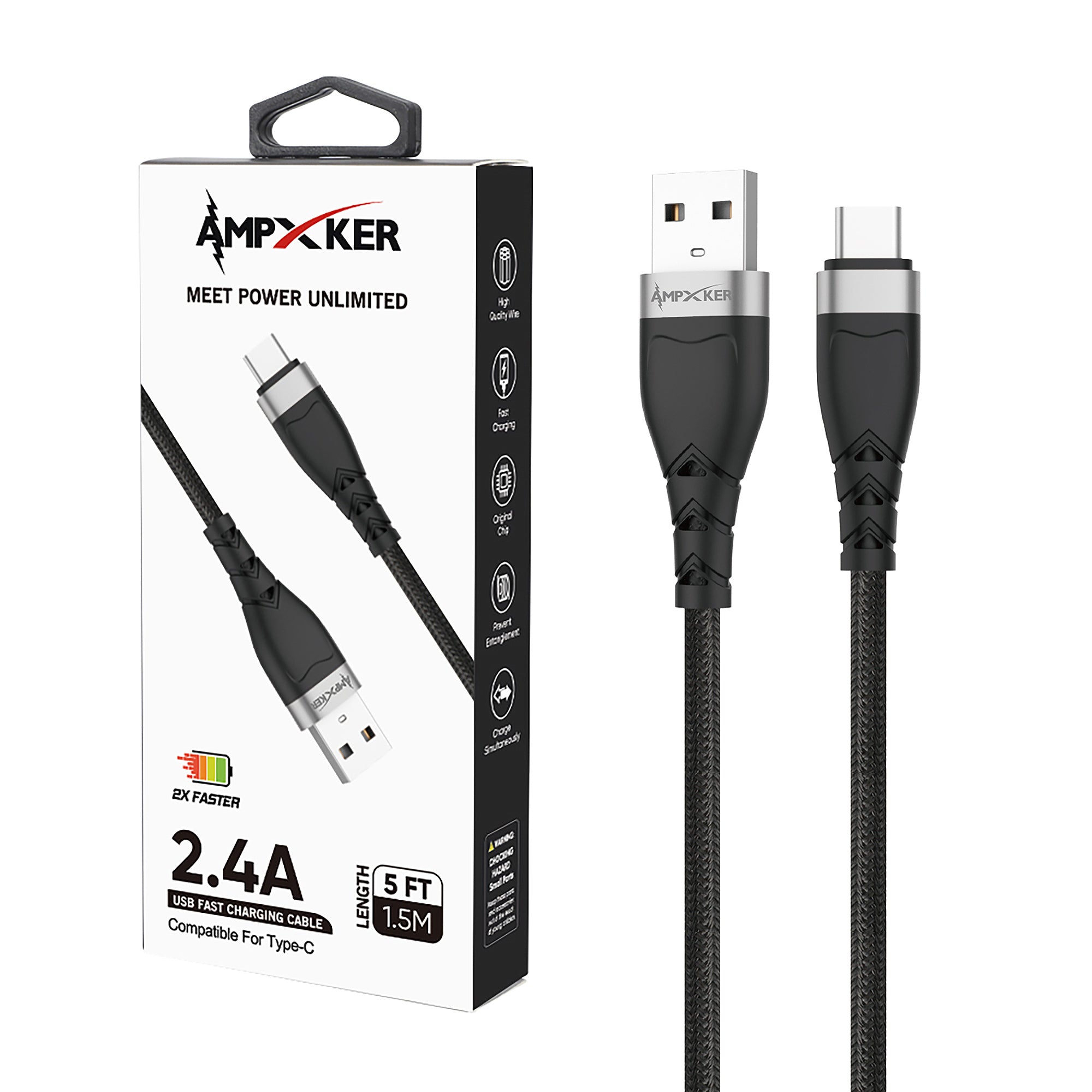 5-Foot Length USB Fast Charging Data Cable USB-A to USB-C