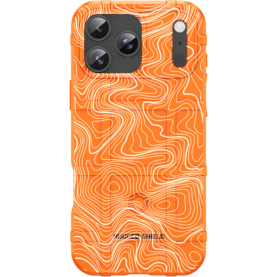Blaze Orange Rugged Shield TPU Case with MagSafe Ring - White Topography Design for Apple iPhone 17 Pro & 18 Pro, 17 ProMax & 18 ProMax, or Samsung S26 Ultra phone models